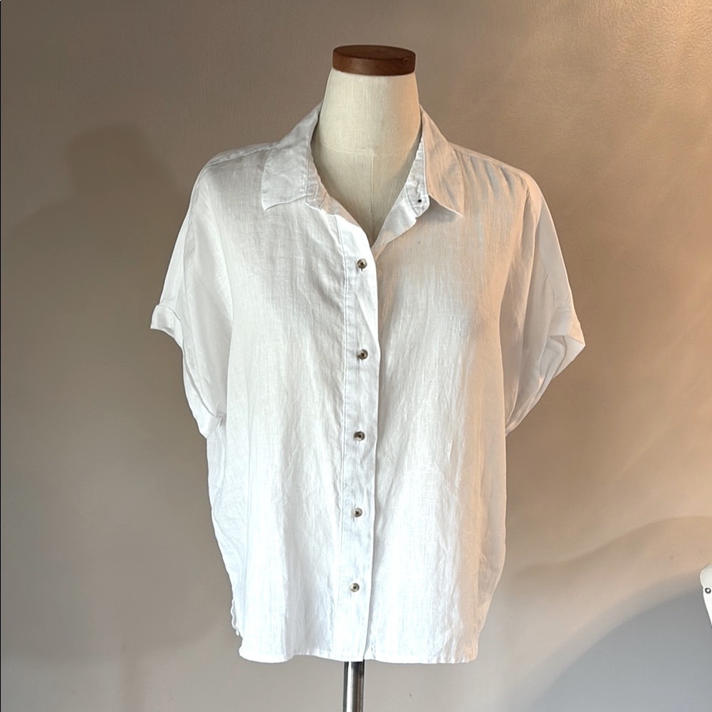 Rachel Rachel Roy Linen White L Button Down Shirt Relaxed Slouchy Drop Cuff